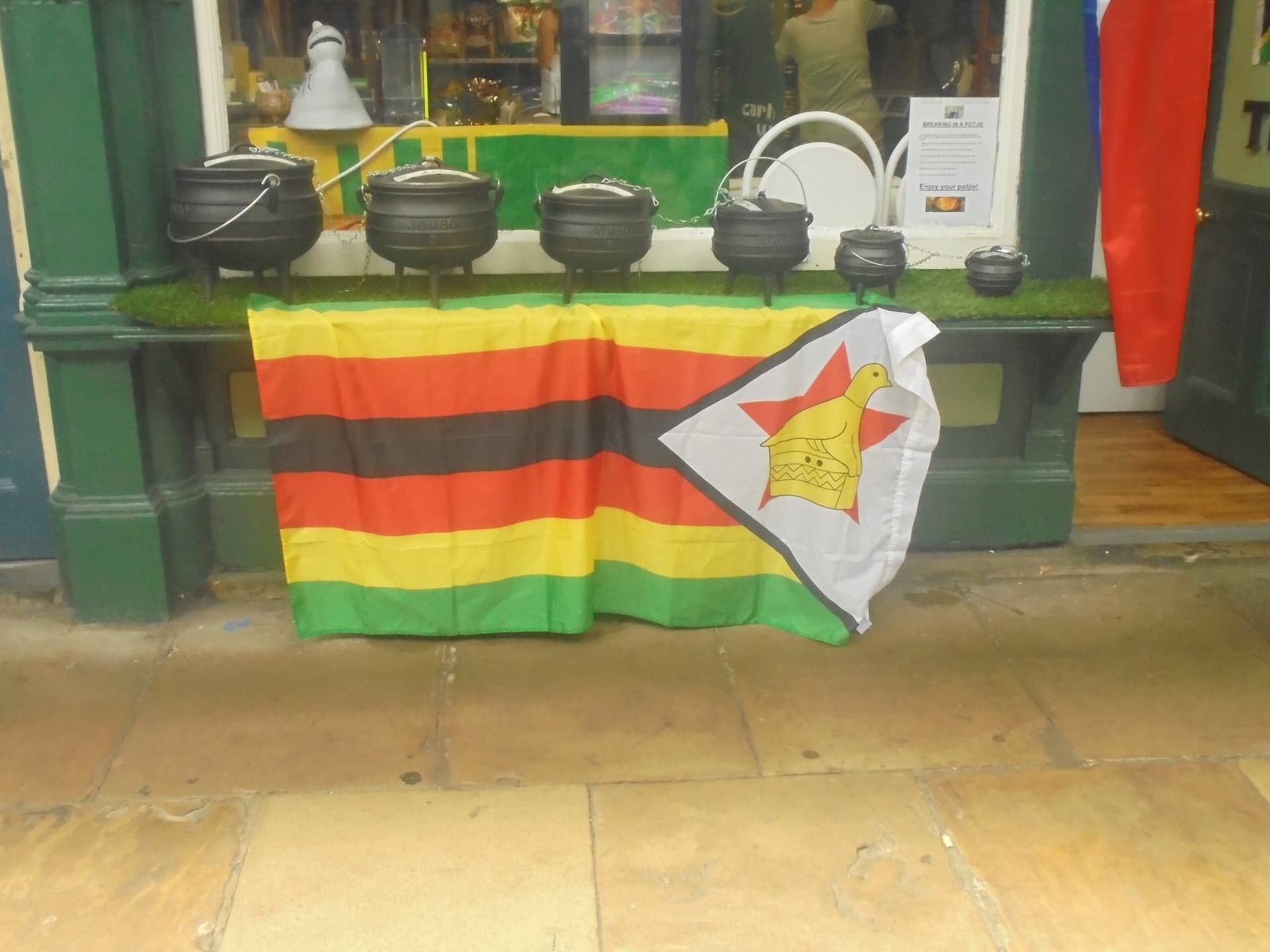 Flag of Zimbabwe, Unit 15, 1904 Hall, Kirkgate Market, Leeds (31st May 2018)